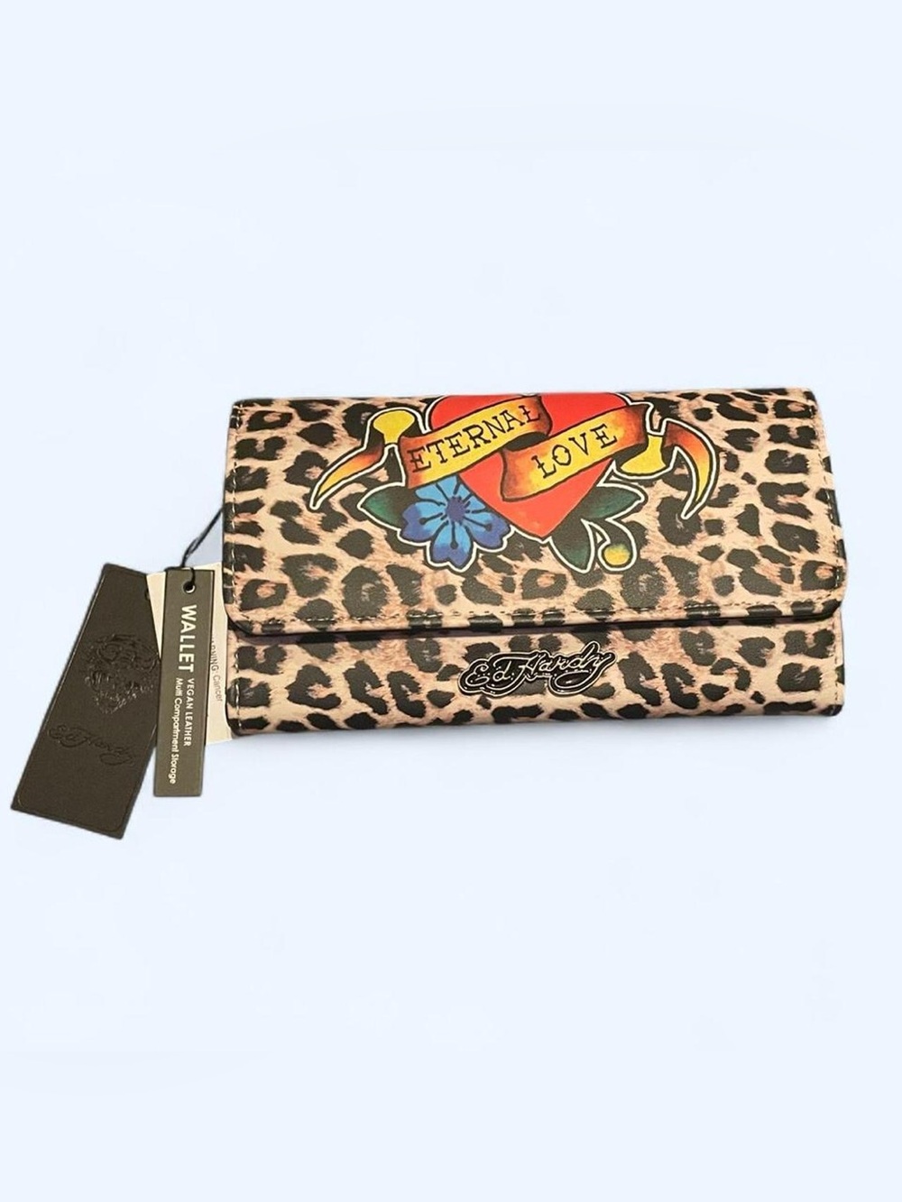 Ed Hardy Leopard Print 'Eternal Love' Wallet in Tan and Black with Red Accent